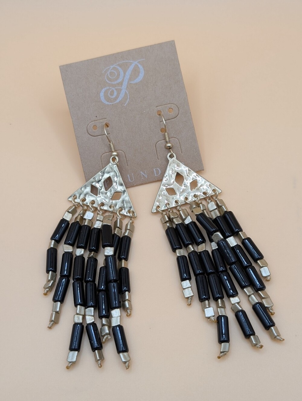 Plunder Statement Black Beaded Fringe Triangle Drop Earrings NEW!